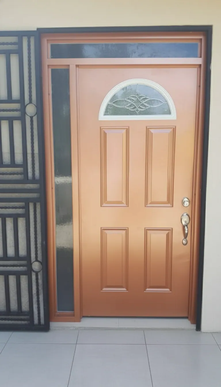 Porte d'Entrée Cuivrée avec Imposte en Fer